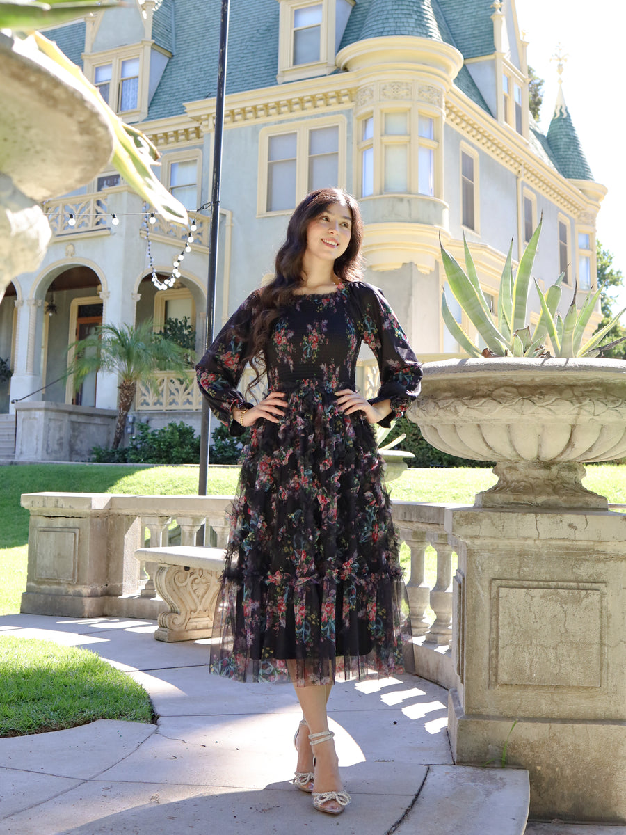 black floral fall dress Nightfall Size:3 Y YGroup_RFU004T it’s a feminine piece Ribbon Embroidered Mini Dress