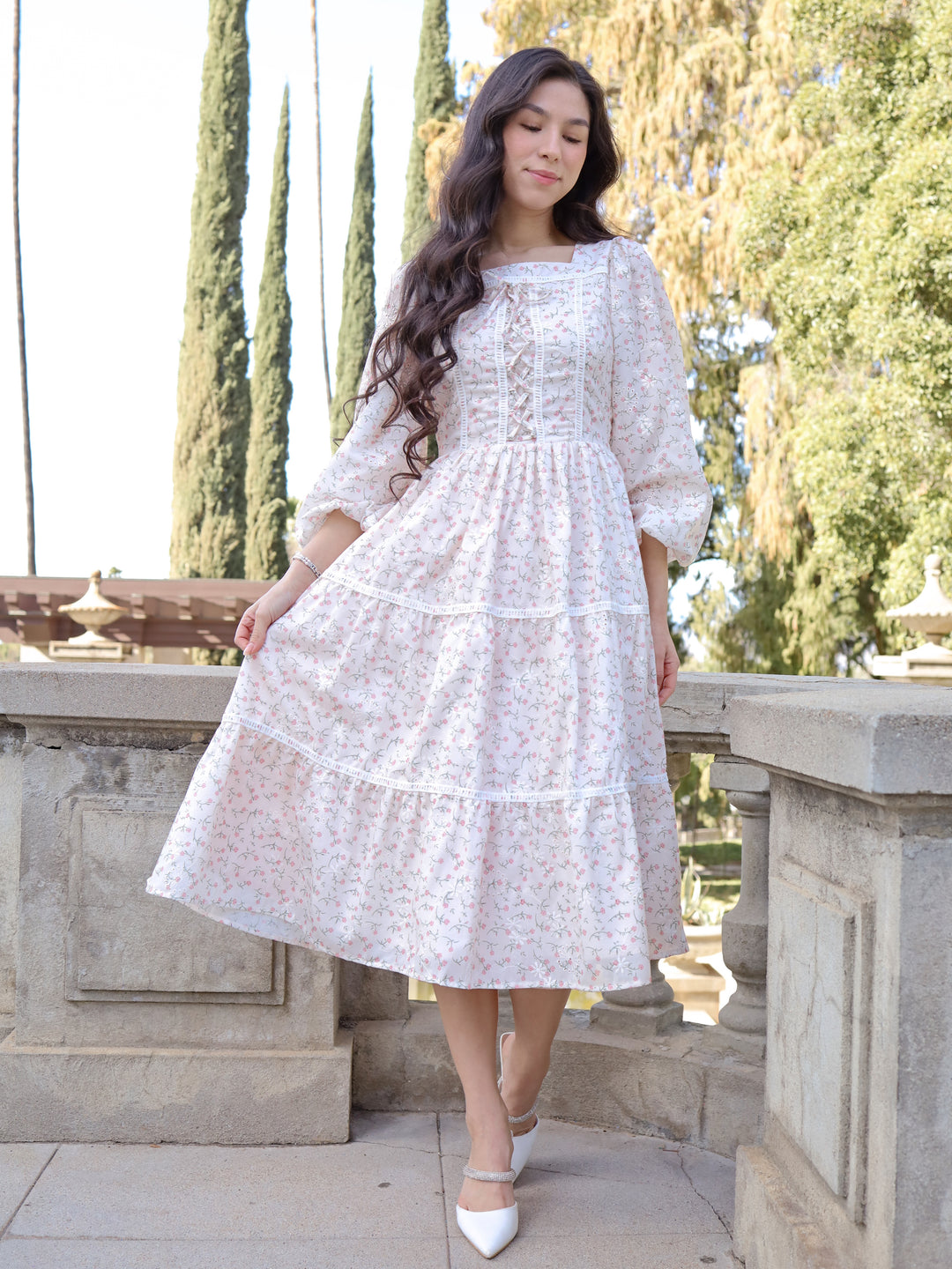 Rosette Whimsy Dress | Embroidered Floral Midi Dress – PKC Collection
