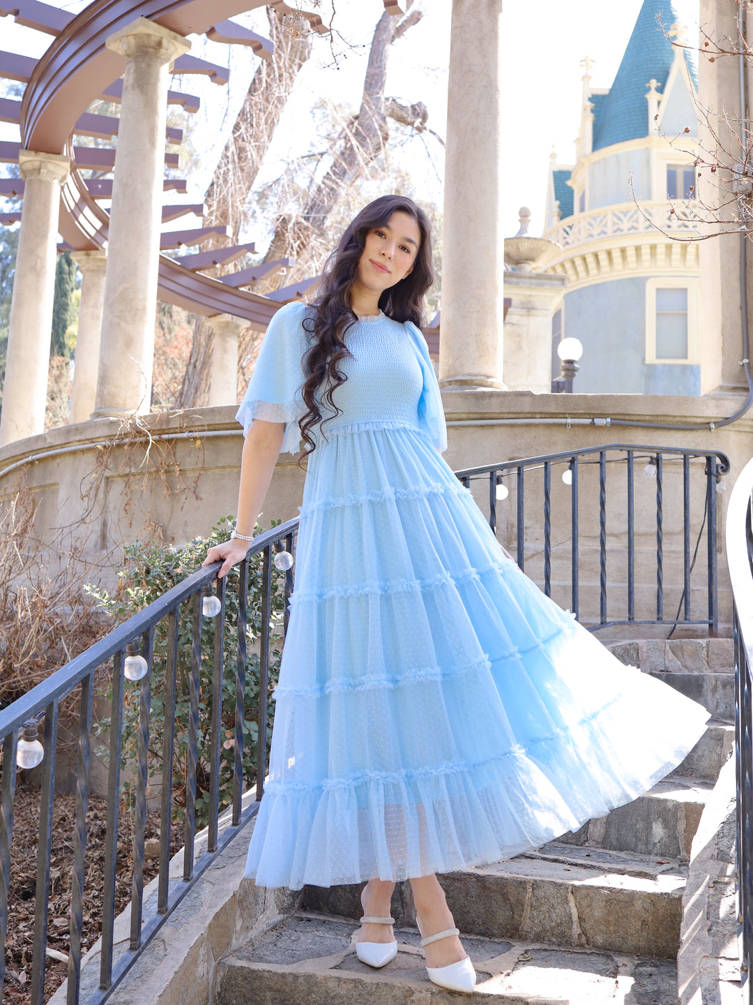 pastel blue vintage dress Zapaka Women Light Blue 1950s Dress Polka Dots Spaghetti Straps Vintage Dress, Red / M